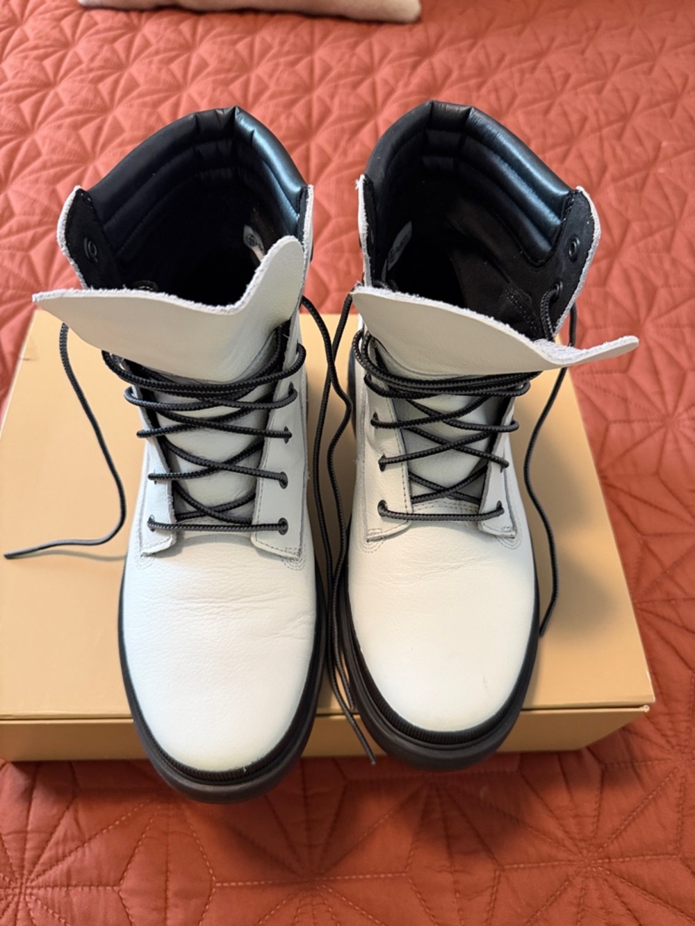 Timberland White Leather Lace-Up Combat Boots with Black Trim
